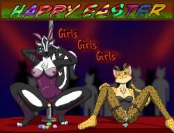 absurd_res anal anal_egg_laying anal_sex anthro bite biting_lip bunny_costume clothing costume crouching duo easter easter_egg egg egg_laying egg_vibrator felid female female/female filled_belly fishnet_clothing fishnet_handwear fishnet_legwear gesture green_eyes hand_gesture handwear heart_(marking) heart_eyes heart_symbol hi_res holidays leaning leaning_backward legwear leopard lube mammal mariposa_(zk-fur) markings mephitid multicolored_body multiple_toys multiple_vibrators pantherine pawpads penetration pole sex_toy sex_toy_in_vagina sex_toy_insertion skunk skyly_(zk-fur) spots spotted_body stomach_bulge strip_club striped_markings striped_skunk stripes translucent translucent_clothing v_sign vaginal_egg_laying vaginal_penetration vibrator vibrator_in_vagina vibrator_on_clitoris zk-fur