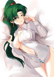 breasts earrings female fire_emblem fire_emblem:_the_blazing_blade green_eyes green_hair jewelry long_hair long_sleeves lyn_(fire_emblem) lyndis_(fire_emblem) one_eye_closed ormille panties solo