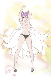 1girls afterproject ahoge animal_ears arms_up black_panties breasts female female_focus female_only footwear fox_ears fox_tail highres looking_at_viewer multi_tail multiple_tails navel nipples okobo original panties platform_footwear purple_hair shoes short_hair smile solo solo_focus tail topless underwear