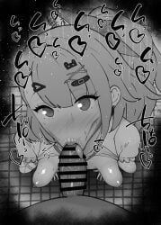 1boy 1girls :>= angels_of_delusion bare_shoulders big_penis black_and_white blush breasts censored chinatsu_remiel dark-skinned_male dark_skin detailed_background drooling earrings erect_nipples eyelashes fellatio female hairclip heart hoyoverse human indoor inside interracial kurotama looking_at_viewer male male_pov oral oral_sex penis ponytail room saliva shiny shiny_skin short_hair sketch small_breasts sound_effects squatting sunna_(zenless_zone_zero) sweat text tied_hair tongue tongue_out vein veins veiny veiny_penis visor zenless_zone_zero