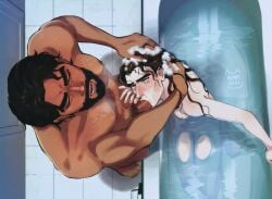 2boys 2d 2d_(artwork) above_view arcane arcane_jayce arcane_viktor artwork_(digital) bath bathing bathroom bathtub beard bearded big_penis blowjob blowjob_face blowjob_only blush breasts closed_eyes crying crying_while_penetrated crying_with_eyes_open dialogue dialogue_box digital_drawing_(artwork) digital_media_(artwork) exposed_breasts femboy feminine_male gay gay_sex greyscale holding_hair jayce_talis jeje_(dmmd_jj) korean_text league_of_legends long_hair long_hair_male looking_down mouth_on_penis muscular_male naked_male nsfw nude_male oral_sex pants_down pants_only partially_clothed sex shirtless skinny skinny_male standing_sex sucking_penis tears viktor_(league_of_legends) yaoi