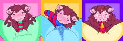 absurd_res anthro bedroom_eyes belly blue_body blush blush_lines bodily_fluids bovid caprine cheek_tuft coiling_around_penis cum cum_on_face duo facial_tuft female first_person_view foreskin fur genital_fluids genitals green_body hi_res horn humanoid_genitalia humanoid_penis long_tongue looking_at_viewer male male/female mammal mane narrowed_eyes nonbinary_(lore) penis pubes r0sev red_body red_eyes resting_bitch_face rose_(r0sev) seductive sheep tongue tuft wool_(fur) yellow_body