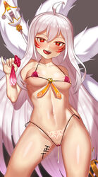 :q ahoge ara_haan bikini blush breasts bright_pupils commentary contrapposto elsword eun_(elsword) eyeliner facial_mark female fluids gradient gradient_background hair_ornament hair_stick halterneck long_hair looking_at_viewer lowres makeup medium_breasts micro_bikini multiple_tails naughty_face navel nt00 open_mouth pubic_tattoo red_eyes revision sakra_devanam_(elsword) shiny shiny_skin sidelocks simple_background slit_pupils smile solo standing string_bikini swimsuit tail tattoo tongue tongue_out underboob very_long_hair white_hair