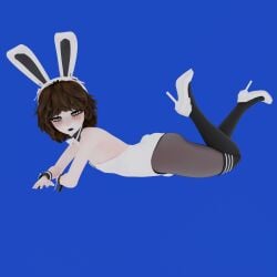 3d black_eyelashes black_eyeliner black_lipstick brown_hair bulge bulge_through_clothing bulge_under_clothes bunny bunny_boy bunny_costume bunny_ears bunny_suit bunny_tail bunnysuit cuffs cuffs_(clothing) easter femboy fluffy_hair gray_eyes leotard lipstick morgundy_(artist) morgundy_(morgundy) nylon_stockings nylons pantyhose striped_thighhighs vhs vhs_artifacts vhs_filter vhs_tape white_leotard wrist_cuffs
