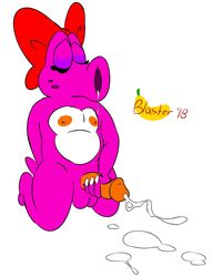 1boy balls banana_blast3r_(artist) big_bow birdo closed_eyes cum drooling full_body kneeling male male_only mario_(series) masturbation nintendo penis saliva simple_background solo spunk3y_monk3y testicles video_games white_background