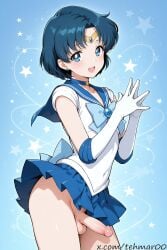 1boy :d ai_generated ami_mizuno bishoujo_senshi_sailor_moon blue_choker blue_eyes blue_hair blue_sailor_collar blue_skirt blush choker circlet earrings elbow_gloves femboy flaccid foreskin genderswap_(ftm) gloves gradient_background jewelry looking_at_viewer magical_girl male no_panties open_mouth penis pleated_skirt rule_63 sailor_collar sailor_mercury sailor_senshi_uniform shiny_hair short_hair skirt smile solo star_(symbol) starry_background tehmar testicles trans_woman transfem trap white_gloves