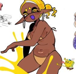 bikini cleavage earrings fangs female frye_(splatoon) medium_breasts navel necklace one-piece_swimsuit purple_tongue sharp_ears spicyzaz splatoon splatoon_3 stingray sweatdrop tied_hair yellow_bikini yellow_eyes yellow_hair yellow_ink