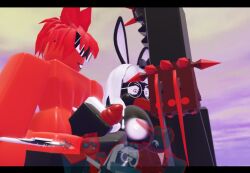 1girls 2boys 3d areolae betty_(the_battle_bricks) bloodhorn_(the_battle_bricks) breasts cum deepthroat guitar_hero_(the_battle_bricks) handjob nipples nude oral penis reference_image roblox roblox_game robloxian tbbfanatic the_battle_bricks tumore