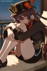 1girl ai_generated bangs black_footwear blush boots breasts flower genshin_impact hair_between_eyes hat heterochromia hi_res high_heels high_quality high_resolution houshou_marine hu_tao_(genshin_impact) indoors jacket leg_hug long_hair long_sleeves looking_at_viewer patreon red_eyes seductive sexy sitting smile solo thighs uncensored virtual_youtuber watermark