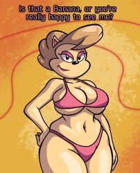 2026 2026s adult adventures_of_sonic_the_hedgehog anthro anthro_only big_breasts big_hips bikini black_eyes breasts_almost_out brown_hair chatting dic_entertainment hand_on_hip lipstick looking_at_viewer mobian mobian_(species) pink_bikini pink_eyeshadow robot robot_anthro robot_girl scratch's_hand_woman sega sonic_(series) sonic_the_hedgehog_(series) speech text tight_bikini