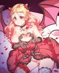 absurdres black_gloves blonde_hair bracelet breasts breasts_out clothes_pull clothing_aside commentary dark_background demon_girl demon_horns demon_tail demon_wings dress dress_pull english_commentary female floral_print flower frilled_thigh_strap gloves grabbing_own_breast gradient_hair heart heart-shaped_gem heart_hands highres horns jewelry large_breasts light_blush long_hair looking_at_viewer love_live! love_live!_superstar!! multicolored_hair nipples onitsuka_natsumi panties panties_aside pearl_bracelet petals pillow pink_hair pussy red_dress red_eyes red_flower red_petals red_rose rose rose_print single_thighhigh sitting sleeveless sleeveless_dress smile solo tail thigh_strap thighhighs thighs toadsterz underwear white_panties white_thighhighs wings