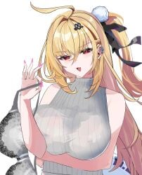 1girls bare_shoulders blonde_hair blush bra bra_removed breasts cissia_(zenless_zone_zero) colored_nails ear_piercings fangs female female_only hair_ornament holding_bra hoyoverse huge_breasts light-skinned_female light_skin long_nails mihoyo mikuning nipple_bulge open_mouth painted_nails piercings pink_nails ponytail red_eyes side_ponytail solo sweater zenless_zone_zero