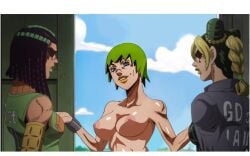 3girls blue_eyes breasts erect_nipples female female_only foo_fighters green_hair jojo's_bizarre_adventure jolyne_kujo multiple_girls shiny_skin stone_ocean thick