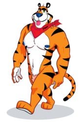 armpit_hair ascot balls barefoot black_fur blue_nipples countershading feline flaccid frosted_flakes fur looking_at_viewer male male_only mammal mascot muscular navel nipples nude orange_fur pecs penis pubes silentjay solo stripes tiger tongue tongue_out tony_the_tiger white_fur