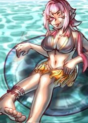 bare_shoulders barefoot beach bikini brawl_stars breasts cleavage female female_only fit fit_female floatie looking_at_viewer melodie_(brawl_stars) navel north_string one_eye_closed pink_eyes pink_hair short_hair skirt tagme thick_thighs tongue tongue_out voluptuous wide_hips