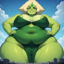 ai_generated dark_green_eyes gem_(species) giantess green_forehead_gem grinning leotard loincloth looming micro_city perchance_ai peridot_(steven_universe) ssbbw_body_type steven_universe towering