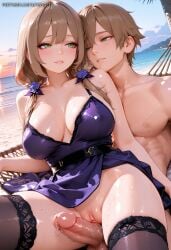 1boy ai_generated bangs bare_shoulders beach belt blush breasts brown_hair cleavage clothed_female_nude_male clothes_lift cloud collarbone cowgirl_position day dress dress_lift erection female flower genshin_impact green_eyes grinding hair_flower hair_ornament imminent_penetration large_breasts light_brown_hair light_brown_hair_long_and_wavy lisa long_hair looking_at_another no_panties nude ocean outdoors palm_tree parted_lips penis precum purple_dress purple_flower purple_rose purple_witch_dress_with_deep_cleavage_and_thigh_high_stockings pussy pussy_juice rose sky smile straight sweat thighhighs uncensored water