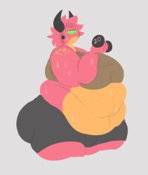 big_belly cacodemon_(doom) clothing crop_top cyclops demon_girl doom exposed_belly fat green_eyes horns kammy_(smokii) navel obese one_eye overweight overweight_female pink_hair pink_skin shorts smokii sweaty weight working_out yellow_skin