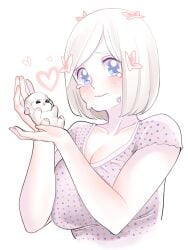 blue_eyes breasts bug butterfly cleavage dskn female female_focus futo_momo_(dskn) huge_breasts insects original sheep simple_background solo tears upper_body white_background white_hair