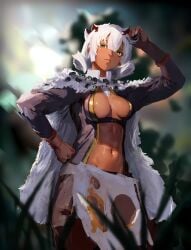 areola_slip big_breasts breasts breasts_apart dark-skinned_female dark_skin female female_only hangedre inner_sideboob looking_at_viewer made_in_abyss navel no_bra revealing_clothes short_hair sideboob solo srajo toned toned_female two-tone_hair white_hair yellow_eyes