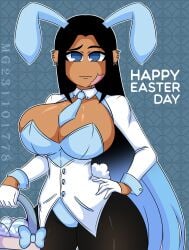 1girls basket big_breasts big_hips big_thighs black_and_blue_hair black_hair bowtie bunny_ears bunny_girl bunnysuit curvy curvy_figure earrings easter easter_eggs eggs female female_focus female_only gloves grace_(mg231101778) huge_breasts huge_hips huge_thighs leggings leotard long_hair looking_at_viewer m.grace mg231101778 only_female original_character pov scar scar_on_cheek sky_blue_eyes sky_blue_hair skyblue_hair tanned-skinned_female tanned_skin white_gloves