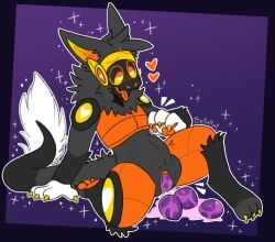 absurd_res andromorph anthro belly betarat big_belly big_clitoris blush blush_lines claws clitoris egg egg_laying fur genitals grey_body grey_fur heart_eyes heart_symbol hi_res intersex kneeling limerick_(betarat) long_tail looking_pleasured machine orange_clitoris orange_pawpads orange_vulva pawpads protogen slime solo stomach_bulge tail tongue tongue_out trans trans_man vaginal_egg_laying vaginal_penetration vulva yellow_claws