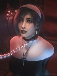 1girls 3d 3d_(artwork) 3d_render ada_wong ada_wong_(adriana) asian asian_female big_breasts biohazard black_eyes black_hair black_lipstick breasts capcom chains choker crucifix cult cultist earrings exposed_shoulders eyes_visible_through_hair female female_only goth goth_girl goth_makeup gothic gothic_girl hair_between_eyes huge_breasts kneeling large_breasts light-skinned_female lipstick makeup necklace nerohunter6 nun nun_outfit patreon patreon_username render resident_evil resident_evil_9:_requiem round_breasts shoulders tagme