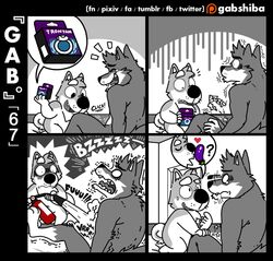 5_fingers anthro canine cheek_tuft closed_eyes comic crying cute_fangs dialogue duo eggplant electricity empty_eyes eyebrows fire_extinguisher food fruit gab_shiba gabshiba hand_on_shoulder head_tuft heart inside kissing kneeling larger_male laugh male mammal motion_lines nude open_mouth open_smile pain pictographics pointing pointing_at_self restricted_palette scared sex_toy shaking shiba_inu shivering side_view sitting size_difference smaller_male smile tears tears_of_joy tuft vibrator wolf yaoi