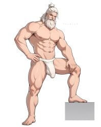 2d ai_assisted bara beard big_bulge body_hair bulge detailed_bulge facial_hair full_body hairy human jockstrap jockstrap_only long_beard male male_focus male_only mature_male muscular muscular_male old overwatch reinhardt thumosx white_background white_hair