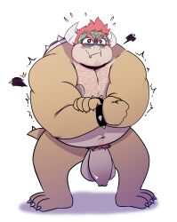 1boy 2026 2_horns absurd_res anthro armwear balls body_hair bowser bracelet chest_hair clothing digital_media_(artwork) flexing flexing_bicep flexing_both_biceps foreskin full-length_portrait furry furry_male furry_only genitals grimace hair head_horn hi_res horns humanoid_genitalia humanoid_penis jewelry koopa male male_only mario_(series) muscular muscular_arms navel nintendo nipples nude penis portrait pubes red_hair reptile scalie simple_background solo solo_focus solo_male spiked_bracelet spiked_tail spikes spikes_(anatomy) t0l0k tail thick_penis torn_armwear torn_clothing white_background yellow_body
