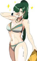 bikini blush breasts earrings female fire_emblem fire_emblem:_the_blazing_blade green_eyes green_hair jewelry long_hair lyn_(fire_emblem) lyndis_(fire_emblem) ormille solo sparkle sweat sweatdrop swimsuit