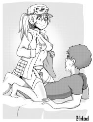 1boy artist_name b-intend baseball_cap breasts cells_at_work cowgirl_position erection female garter_belt greyscale grinding hat hataraku_saibou hataraku_saibou_black imminent_penetration jacket long_hair long_sleeves looking_at_another lying medium_breasts monochrome navel nipples no_bra on_back on_bed open_clothes open_jacket panties penis ponytail precum red_blood_cell_(hataraku_saibou) shirt short_sleeves smile straddling straight sweat sweatdrop t-shirt thighhighs uncensored underwear visor_cap white_blood_cell_(hataraku_saibou)