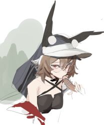 animal_ears arknights bandeau bar_censor black_bandeau blush breasts brown_hair caper_(arknights) caper_(summer_flowers)_(arknights) censored disembodied_penis fellatio female glasses hair_between_eyes looking_at_viewer official_alternate_costume oral penis rabbit_ears rabbit_girl red_eyes round_eyewear short_hair simple_background visor_cap white_background white_visor ydjc0604