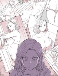 2d aiue_oka animal_ears ass asymmetrical_bangs bed bespectacled bra bra_pull breasts cat_ears closed_eyes clothes_pull collarbone commentary curtained_hair enmaided fake_animal_ears female female_masturbation furrowed_brow glasses grabbing_own_breast grace_ashcroft highres lying maid masturbation masturbation_under_clothes medium_breasts monochrome multiple_views navel nervous_sweating nipples on_back one_eye_closed panties panty_pull parted_bangs paw_pose photo_(object) pillow resident_evil resident_evil_9:_requiem sepia short_hair showering sweat sweatdrop underwear undressing wavy_hair