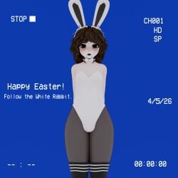 3d black_eyelashes black_eyeliner black_lipstick brown_hair bulge bulge_through_clothing bulge_under_clothes bunny bunny_boy bunny_costume bunny_ears bunny_suit bunny_tail bunnysuit cuffs cuffs_(clothing) easter femboy fluffy_hair gray_eyes leotard lipstick morgundy_(artist) morgundy_(morgundy) nylon_stockings nylons pantyhose striped_thighhighs vhs vhs_artifacts vhs_filter vhs_tape white_leotard wrist_cuffs