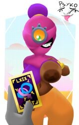 1boy 1girls anonymous_male background brawl_stars breasts card covered_face covered_mouth dark-skinned_female green_eyes large_breasts lowering_pants mars_symbol psyko psykopuffik_frik showing_breasts supercell tara_(brawl_stars) tarot_card venus_symbol wanting_sex