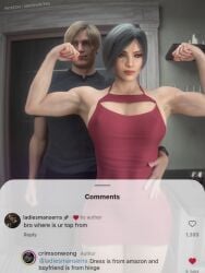 1boy 1girls 3d 3d_(artwork) 3d_model 3d_render abs abs_visible_through_clothing ada_wong ada_wong_(adriana) asian asian_female biceps big_breasts biohazard black_hair black_shirt blonde_hair blonde_male boob_window breasts brunette_female capcom eyelashes female hand_on_waist instagram leon_scott_kennedy leon_scott_kennedy_(eduard_badaluta) lipstick luis_sera makeup male muscular muscular_female muscular_male nerohunter6 red_dress render resident_evil resident_evil_4 resident_evil_4_remake short_hair tagme thick_thighs thighs