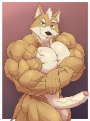 absurd_res anthro arm_tuft balls barazoku biceps big_muscles big_penis bodily_fluids border canid canine cel_shading cum digital_drawing_(artwork) digital_media_(artwork) elbow_tuft eyebrows fist flexing flexing_bicep foreskin fox fox_mccloud fur genital_fluids genitals green_eyes hair hi_res holding_wrist huge_cock huge_muscles humanoid_genitalia humanoid_penis kaioat leaking_precum male mammal muscular muscular_anthro muscular_arms muscular_male nintendo nude pecs penis precum raised_eyebrow seductive shaded simple_background smile smirk smug solo star_fox tail triceps tuft vein veiny_muscles whiskers white_border