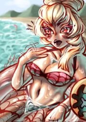 bare_shoulders beach bikini blonde_hair brawl_stars breasts charlie_(brawl_stars) cleavage female female_only fit fit_female floatie long_hair makeup navel north_string open_mouth red_eyes tagme thick_thighs tied_hair tongue tongue_out voluptuous