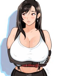 blush breasts cleavage covered_erect_nipples earrings female final_fantasy final_fantasy_vii huge_breasts iroquois iroquoisdomi jewelry large_breasts lips long_hair looking_to_the_side midriff mole mole_on_breast red_eyes shadow signature simple_background single_earring skirt solo suspender_skirt suspenders tank_top tifa_lockhart tifa_lockhart_(1997)