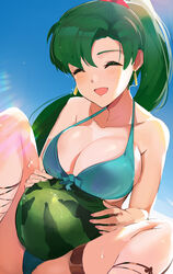 bikini blush closed_eyes earrings female fire_emblem fire_emblem:_the_blazing_blade green_eyes green_hair jewelry long_hair lyn_(fire_emblem) lyndis_(fire_emblem) open_mouth ormille smile solo sweat swimsuit watermelon