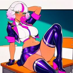 1girls ai ai_assisted ai_generated arrogant battle_academia_qiyana_prestige_edition battle_academia_series blowing_bubblegum brat classroom crop_top cropped_jacket curvy gloves heels high_heel_boots league_of_legends panty_peek prestige_skin prussia123 purple_hair qiyana_yunalai school_girl school_uniform schoolgirl sexy_clothing sexy_female short_hair sitting sitting_on_desk skirt slutty_female solo solo_focus tan_body tan_skin thighs tie waifu white_hair