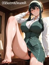 ai_generated bare_legs barefoot black_hair black_nails black_panties blush breasts button_gap cameltoe closed_mouth collared_shirt desk earrings feet female gold_earrings green_skirt green_vest hairband indoors jewelry knee_up large_breasts legs long_hair long_sleeves looking_at_viewer miniskirt nail_polish office_lady ogsecretsauce on_desk panties pencil_skirt red_eyes shirt sidelocks sitting sitting_on_desk skirt smile solo thighs thong toenail_polish toenails toes underwear vest white_hairband white_shirt window yor_briar