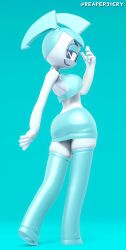 1girls 3d blenderknight_(modeler) cyan_background cyan_clothing cyan_hair cyan_skirt female female_focus female_only hair hi_res high_resolution highres hips jenny_wakeman looking_at_viewer my_life_as_a_teenage_robot naughty naughty_face reaper21cry rear_view robot robot_girl robot_humanoid sfm short skirt smile solo solo_female solo_focus source_filmmaker source_filmmaker_(artwork) standing thighs top vertical_image wear white_body wide_hips xj-9
