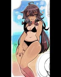 1girls ahoge beach bikini black_bikini black_hair black_nails black_swimsuit brown_eyes earrings flirtatious genshin_impact hu_tao_(genshin_impact) long_hair nail_polish painted_nails spicyzaz sunset swimsuit tan_body tan_skin tanlines twintails