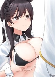 1boy animal_ears atago_(azur_lane) azur_lane bangs black_bra black_hair blush bra breasts brown_eyes censored female hair_ribbon jacket large_breasts long_hair military military_uniform mole mole_under_eye open_clothes paizuri penis ribbon shirazawa smile solo_focus straight swept_bangs underwear uniform white_jacket white_ribbon