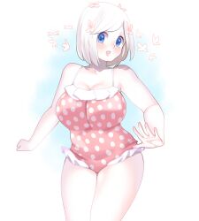 blue_eyes bob_cut breasts bug butterfly cowboy_shot dskn female female_focus futo_momo_(dskn) huge_breasts insects looking_at_viewer one-piece_swimsuit plump polka_dot polka_dot_swimsuit solo swimsuit white_hair