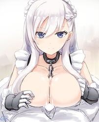 1boy azur_lane bangs belfast_(azur_lane) blue_eyes blush breasts breasts_out censored chains choker clothed_paizuri collar collarbone cum cum_on_body cum_on_breasts cum_on_upper_body female gloves huge_breasts long_hair maid maid_headdress paizuri penis pov shirazawa silver_hair smile solo_focus straight swept_bangs translated white_hair