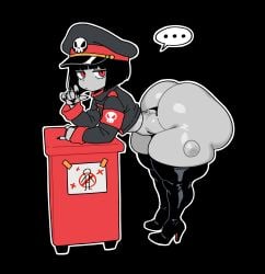 ass bent_over bingbingzi black_background black_hair black_legwear black_nail_polish bottom_heavy breedable_hips chengchezhiice dumptruck_ass fat_ass female female_only huge_ass looking_at_viewer mesmerizing_ass military_uniform nail_polish original red_eyes robot_commander_(bingbingzi) robot_girl short_hair shortstack simple_background small_breasts thighhighs
