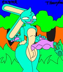 animated anthro countershading detailed_background easter easter_bunny egg egg_from_penis egg_laying femboy forest forest_background fur furry genitals gif holidays lagomorph leporid looking_pleasured loop male_only mammal ovum penis plant rabbit solo teal_body teal_fur theenyface tree unusual_anatomy unusual_genitalia unusual_penis urethral urethral_egg_laying